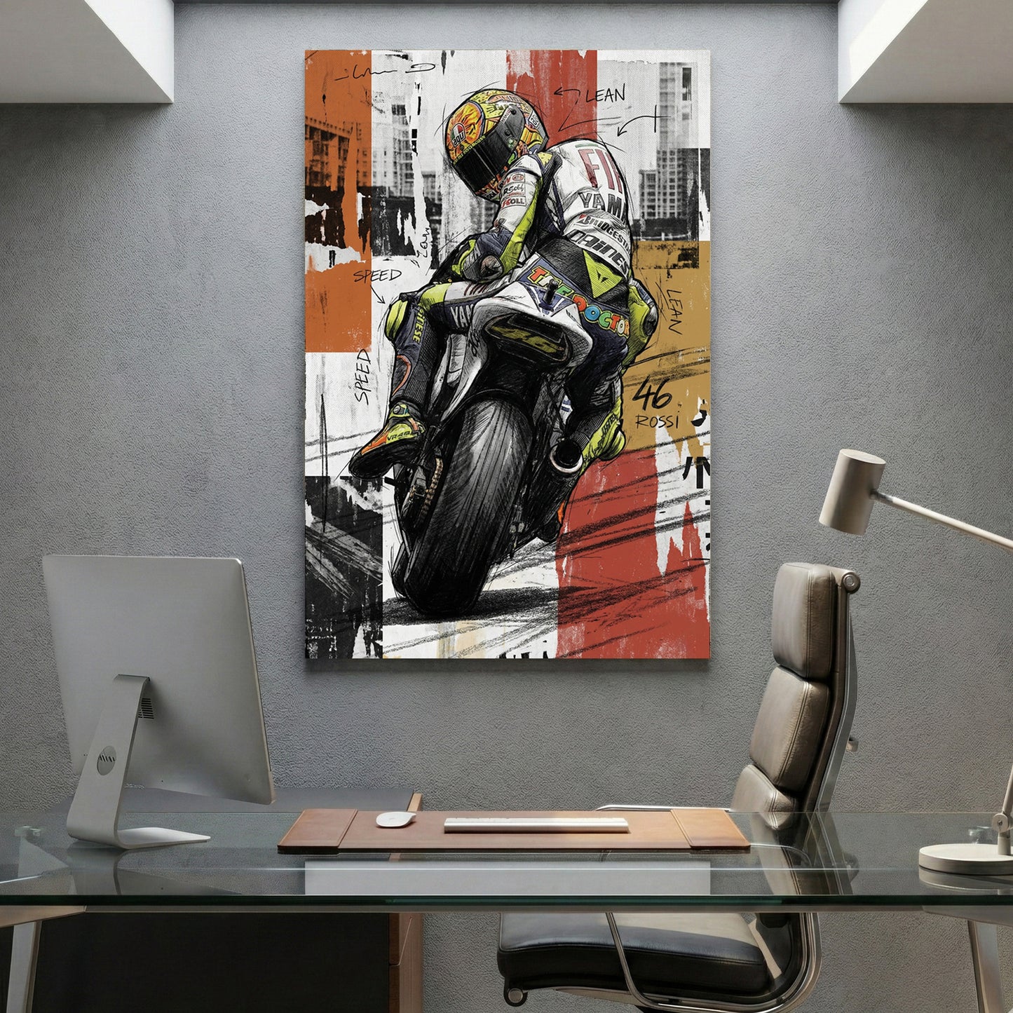 Valentino Rossi MotoGP 46 canvas wall art print displayed in a styled living room