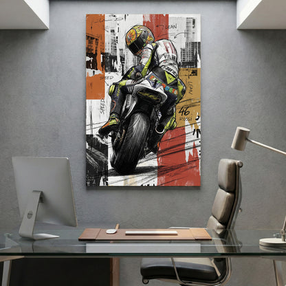 Valentino Rossi MotoGP 46 canvas wall art print displayed in a styled living room