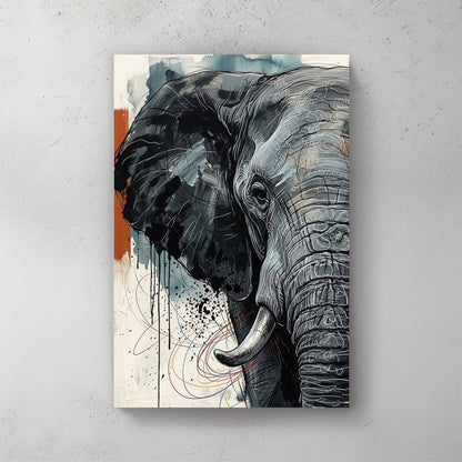 Elephant head profile, grey, black, white, orange accent, sketch and ink splatter style — canvas wall art print