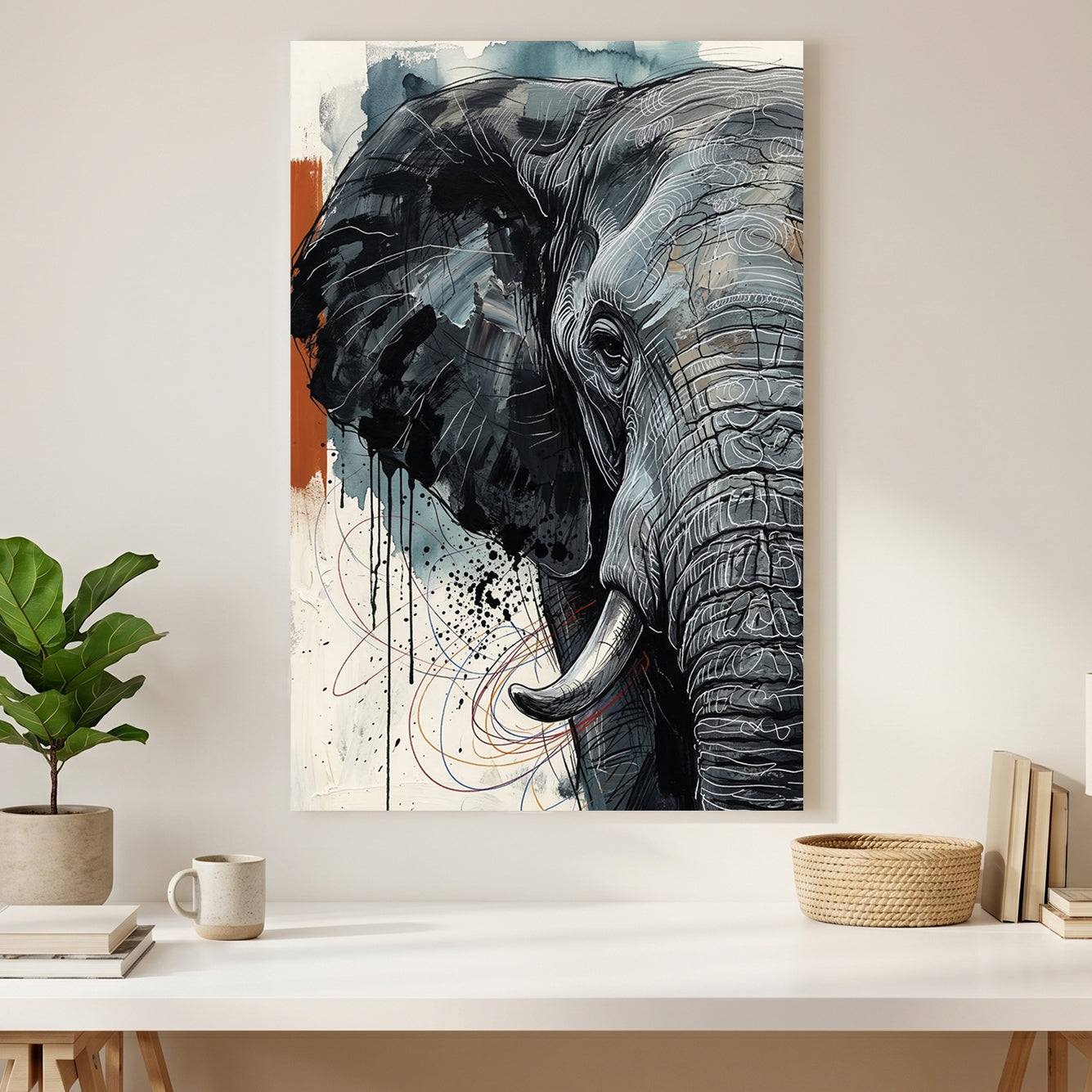 Elephant Portrait canvas wall art print styled in a modern interior