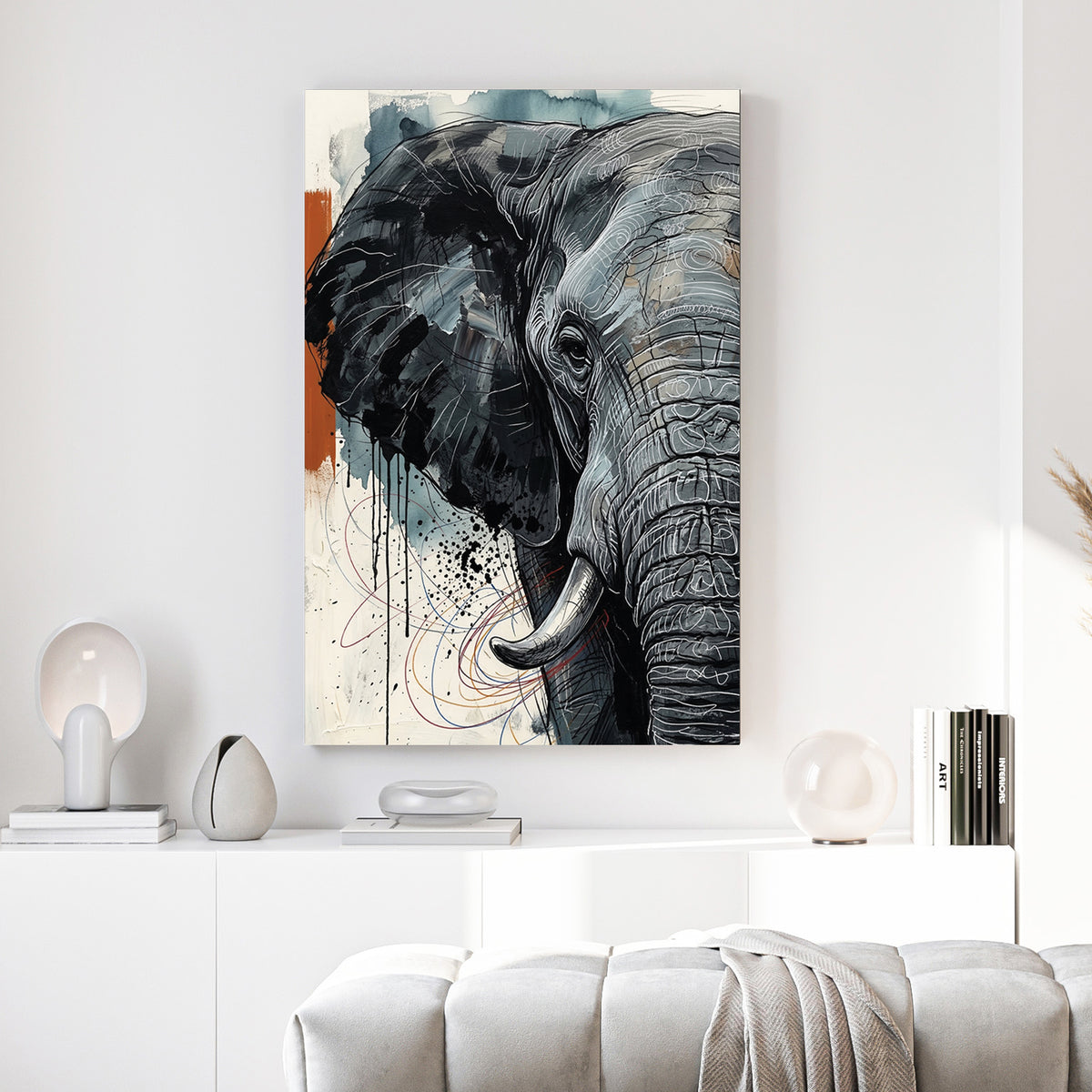 Elephant Portrait canvas wall art print above a sofa in a contemporary living room