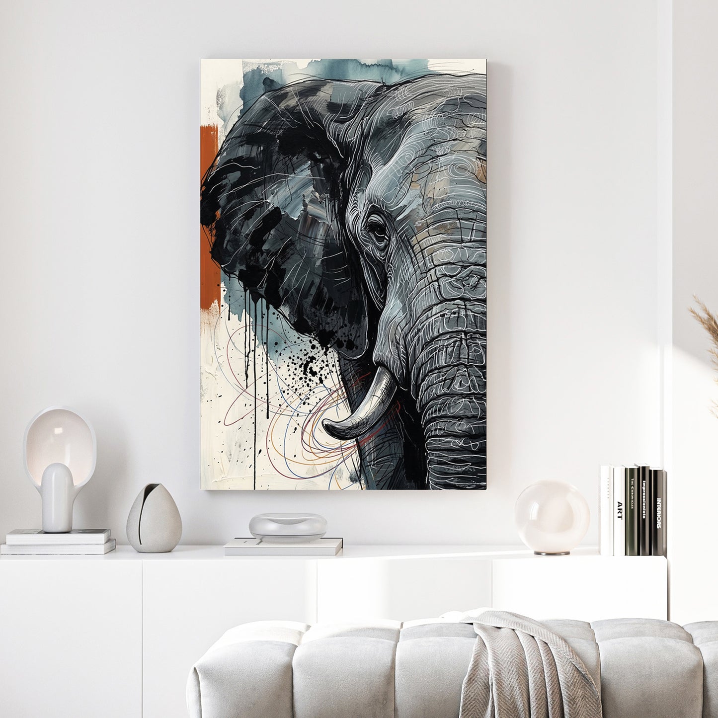 Elephant Portrait canvas wall art print above a sofa in a contemporary living room