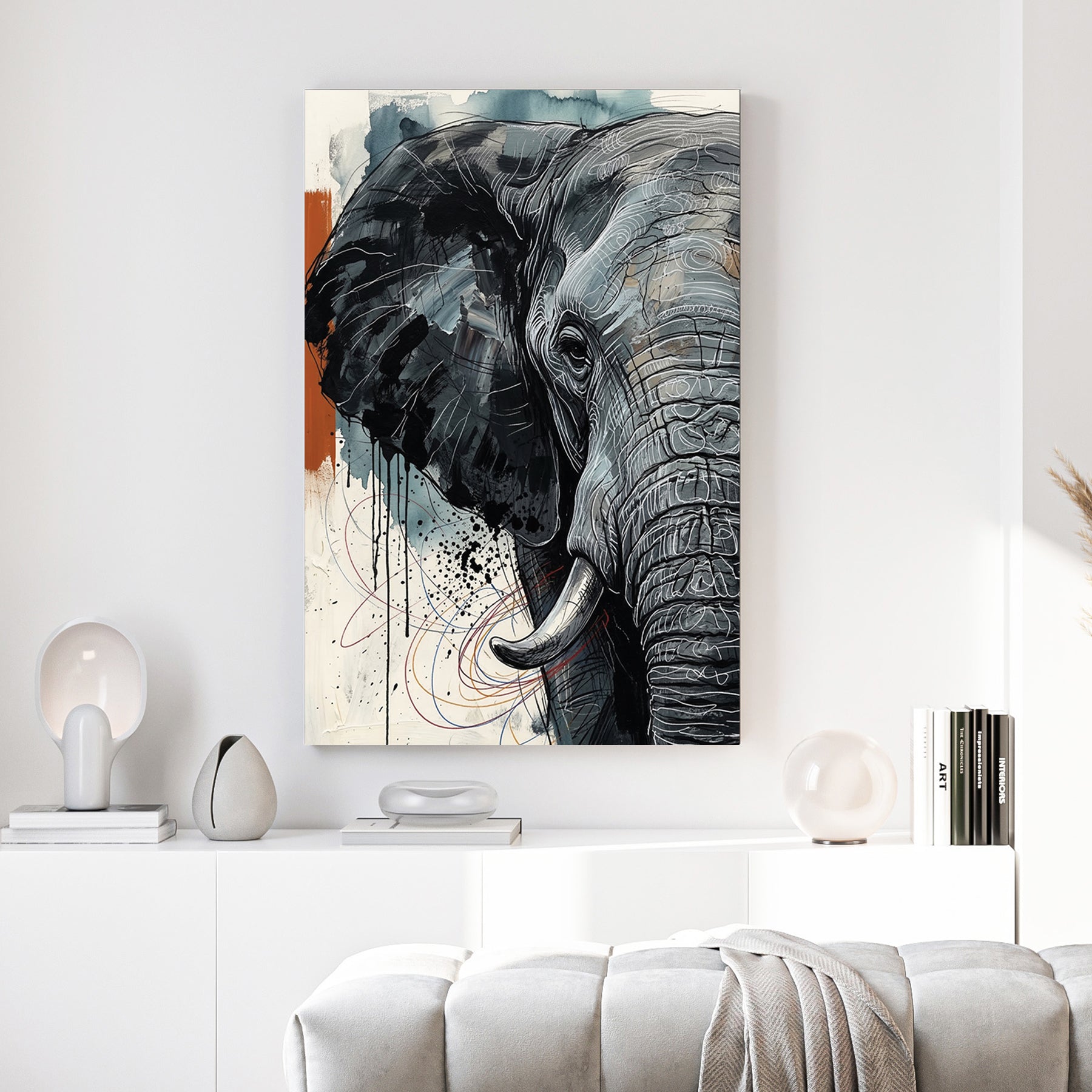 Elephant Portrait canvas wall art print above a sofa in a contemporary living room