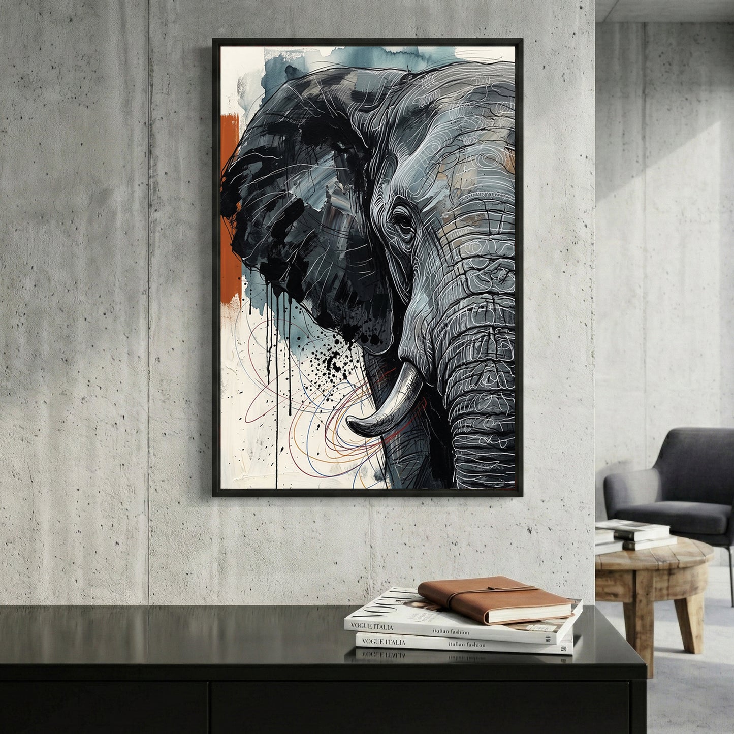 Elephant Portrait framed canvas wall art print in a gallery-style display