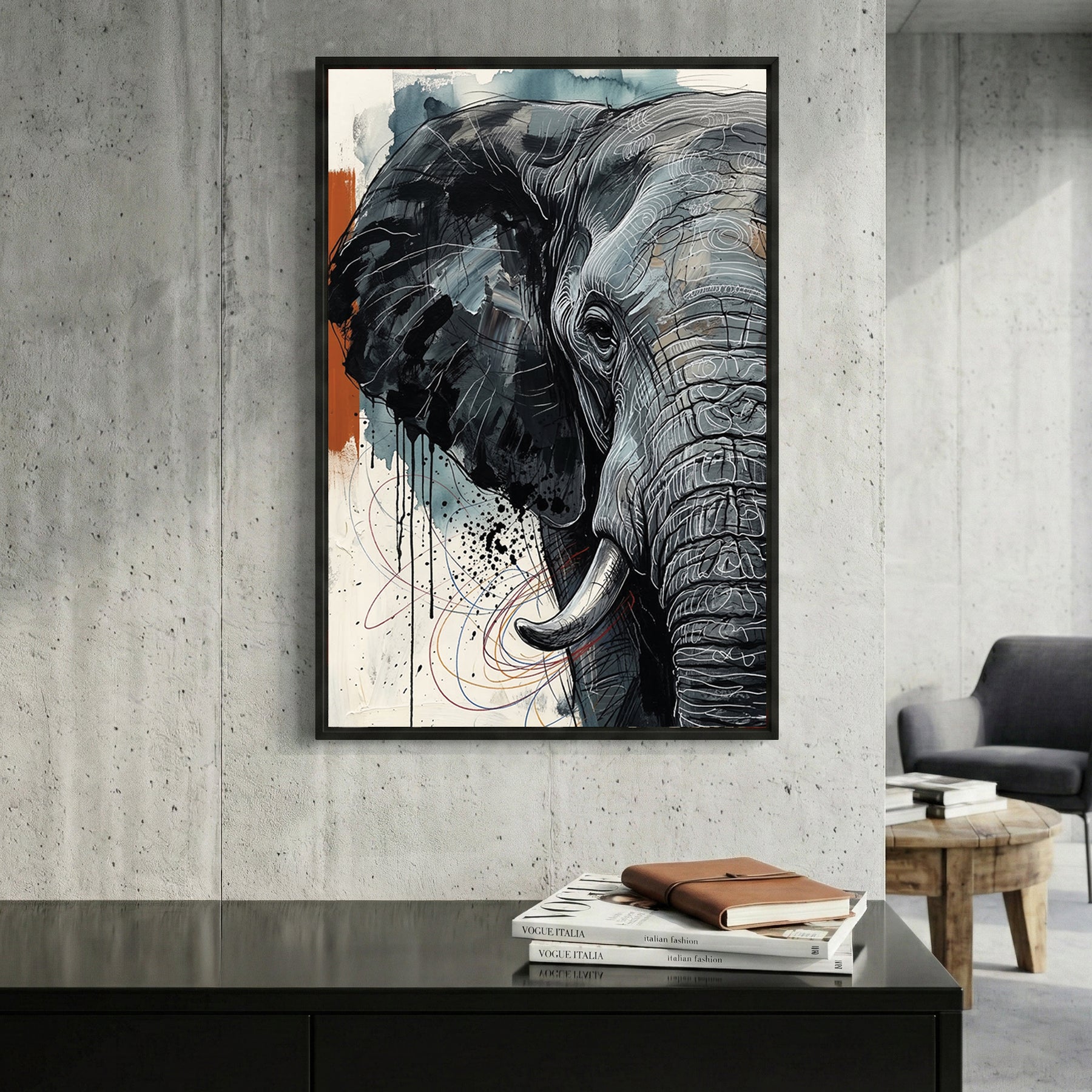 Elephant Portrait framed canvas wall art print in a gallery-style display