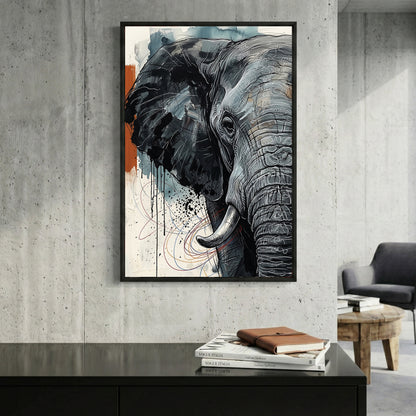 Elephant Portrait framed canvas wall art print in a gallery-style display