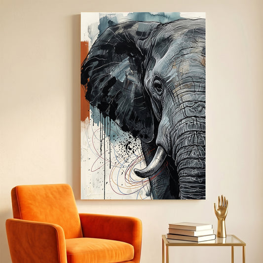 Elephant Portrait canvas wall art print displayed in a styled living room