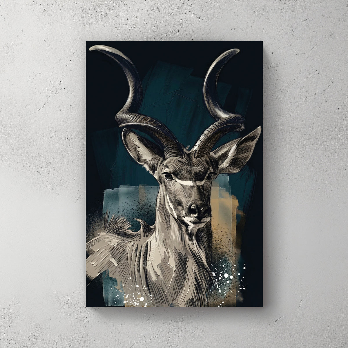 kudu antelope portrait with long spiral horns, soft pencil/watercolour style, navy and gold accents — canvas wall art print