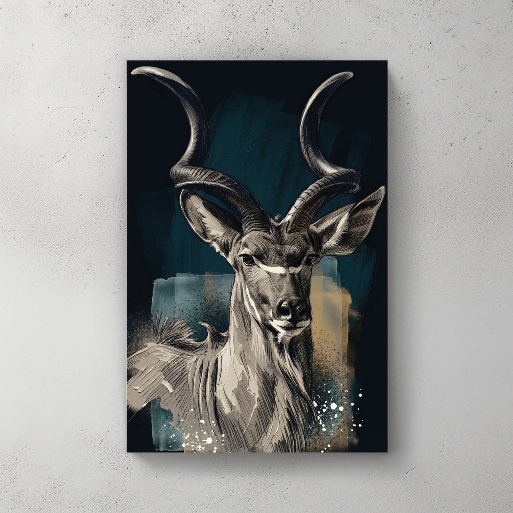 kudu antelope portrait with long spiral horns, soft pencil/watercolour style, navy and gold accents — canvas wall art print