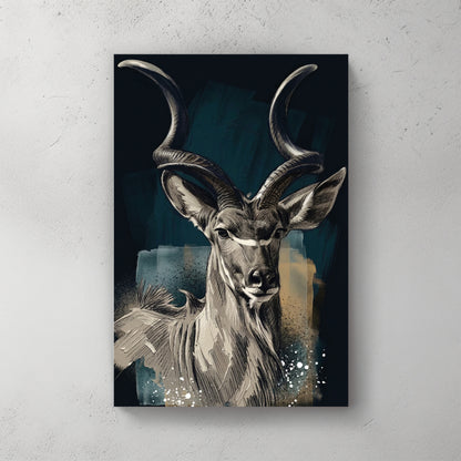 kudu antelope portrait with long spiral horns, soft pencil/watercolour style, navy and gold accents — canvas wall art print