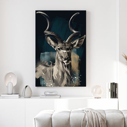 Kudu Antelope Portrait canvas wall art print above a sofa in a contemporary living room