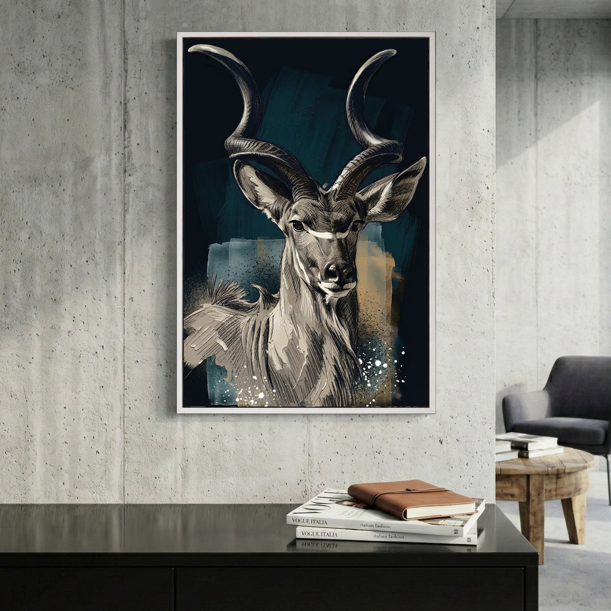 Kudu Antelope Portrait canvas wall art print displayed in a styled living room