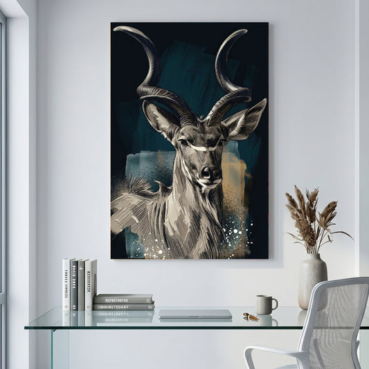 Kudu Antelope Portrait canvas wall art print displayed in a styled living room