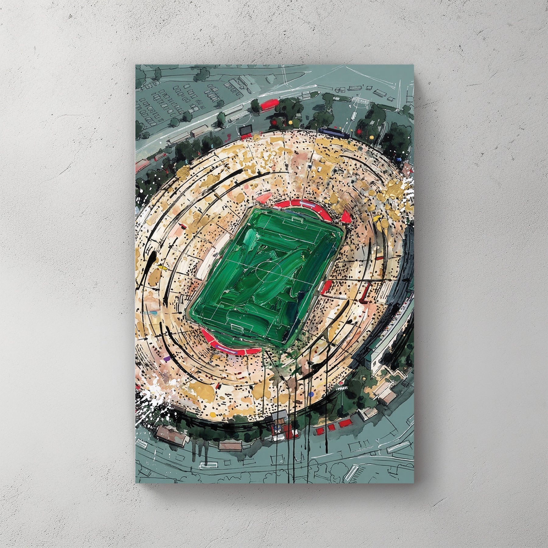 Aerial of Rose Bowl stadium, green pitch in oval bowl, tan stands packed, painted with loose ink strokes — canvas wall art print