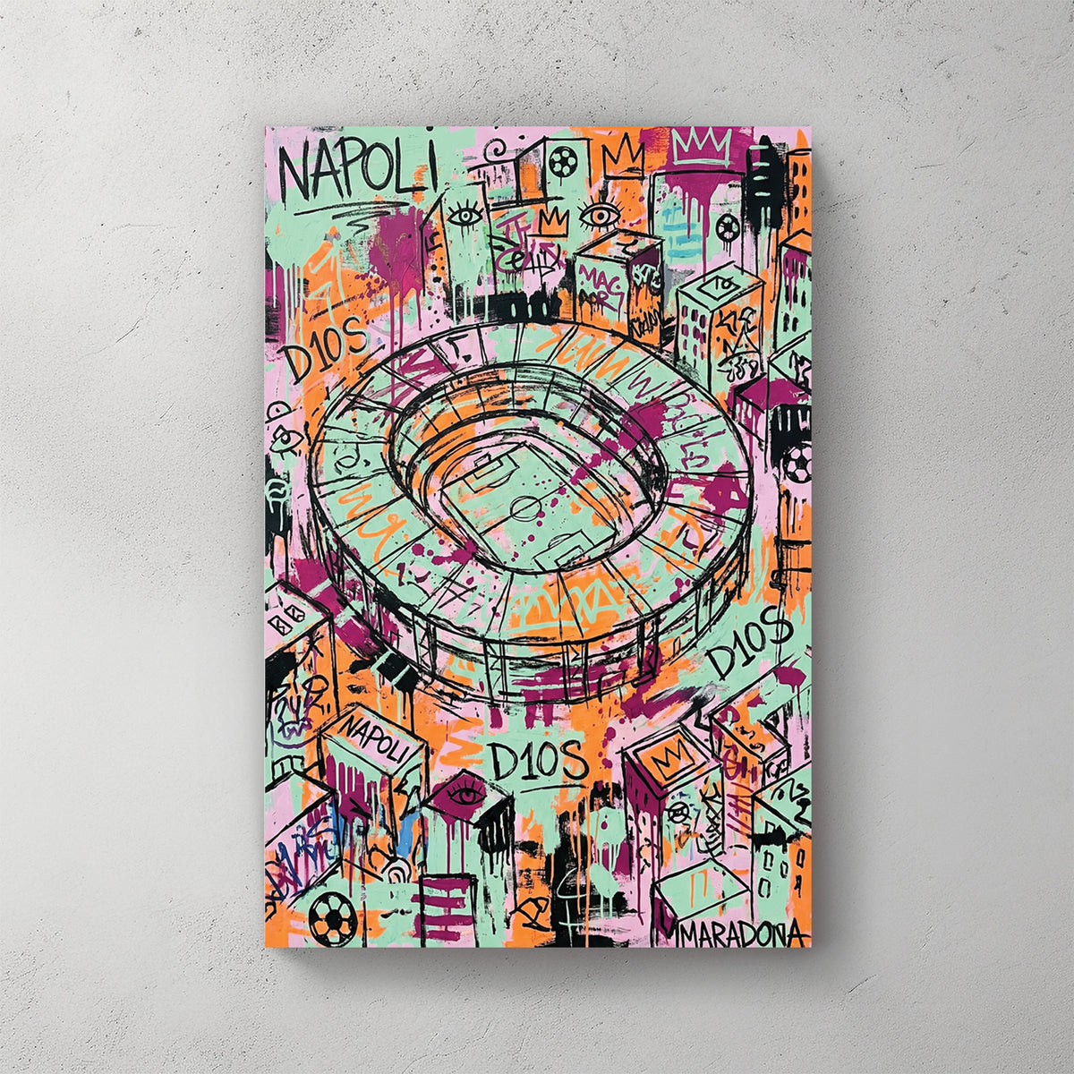 Aerial Naples stadium graffiti, neon mint green pink orange palette, D10S Maradona text, crowns, soccer balls, city scrawled around — canvas wall art print