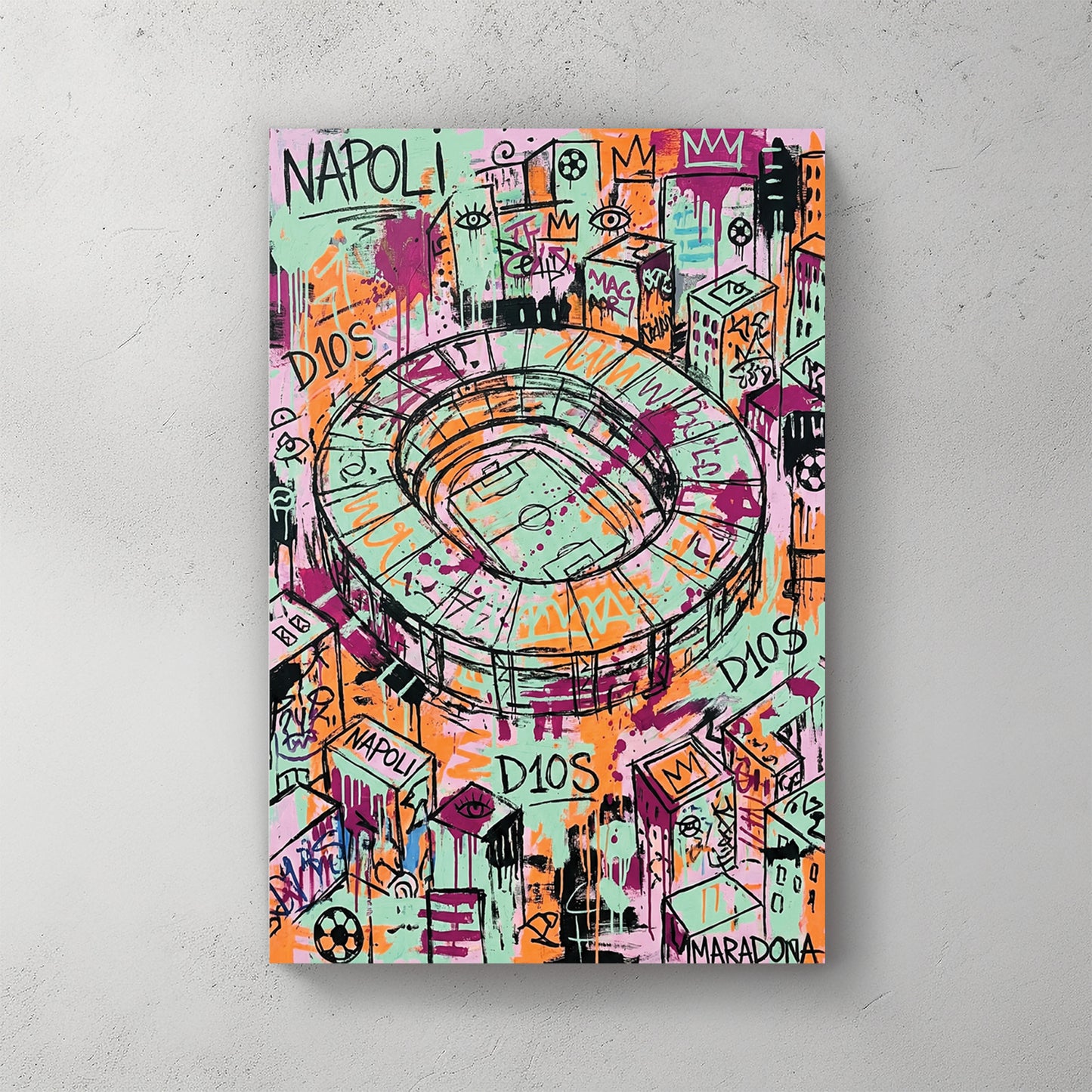 Aerial Naples stadium graffiti, neon mint green pink orange palette, D10S Maradona text, crowns, soccer balls, city scrawled around — canvas wall art print