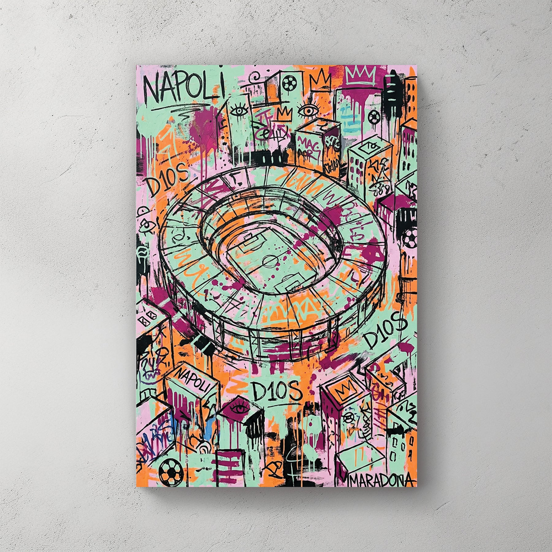 Aerial Naples stadium graffiti, neon mint green pink orange palette, D10S Maradona text, crowns, soccer balls, city scrawled around — canvas wall art print