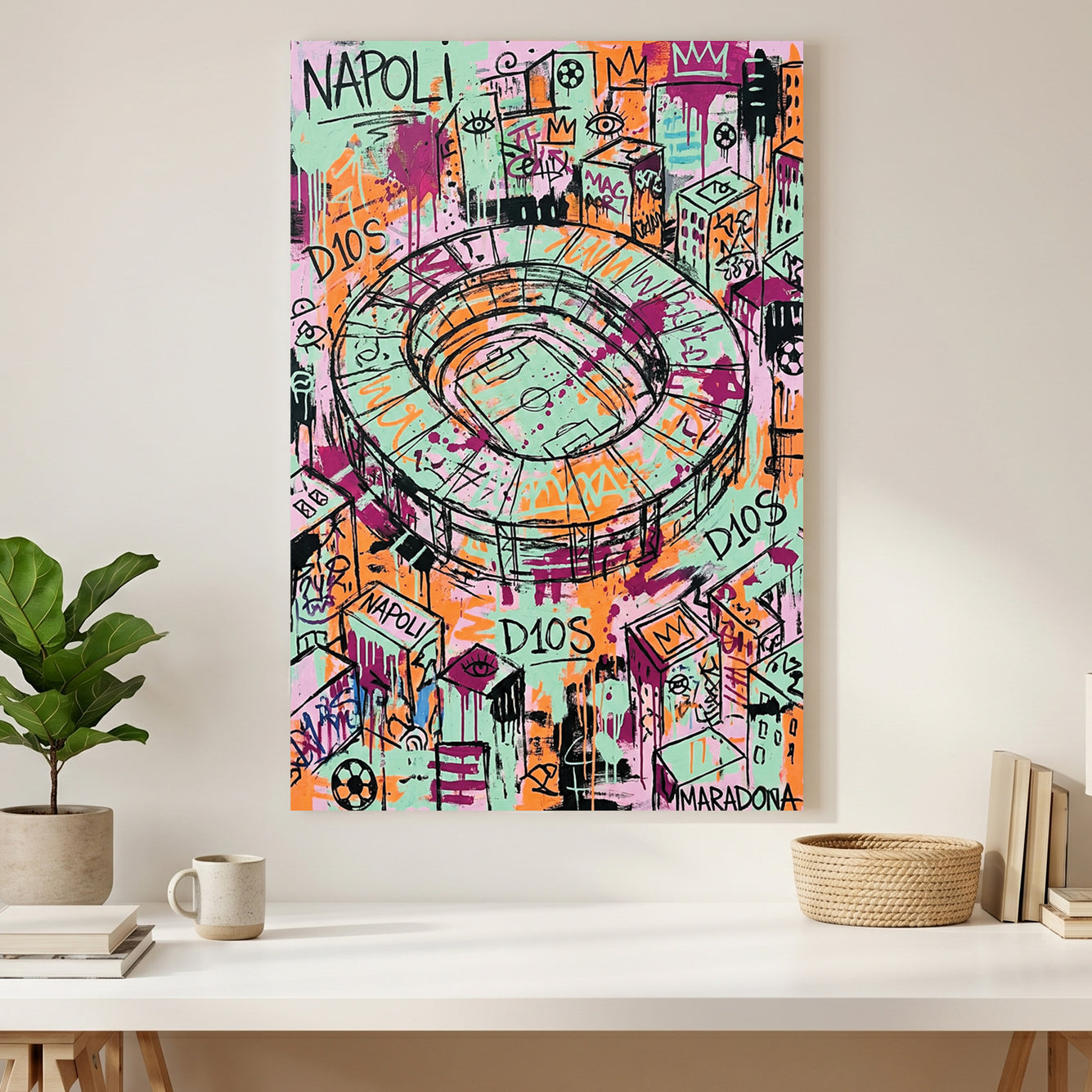 Napoli Stadium Maradona D10S Graffiti canvas wall art print styled in a modern interior