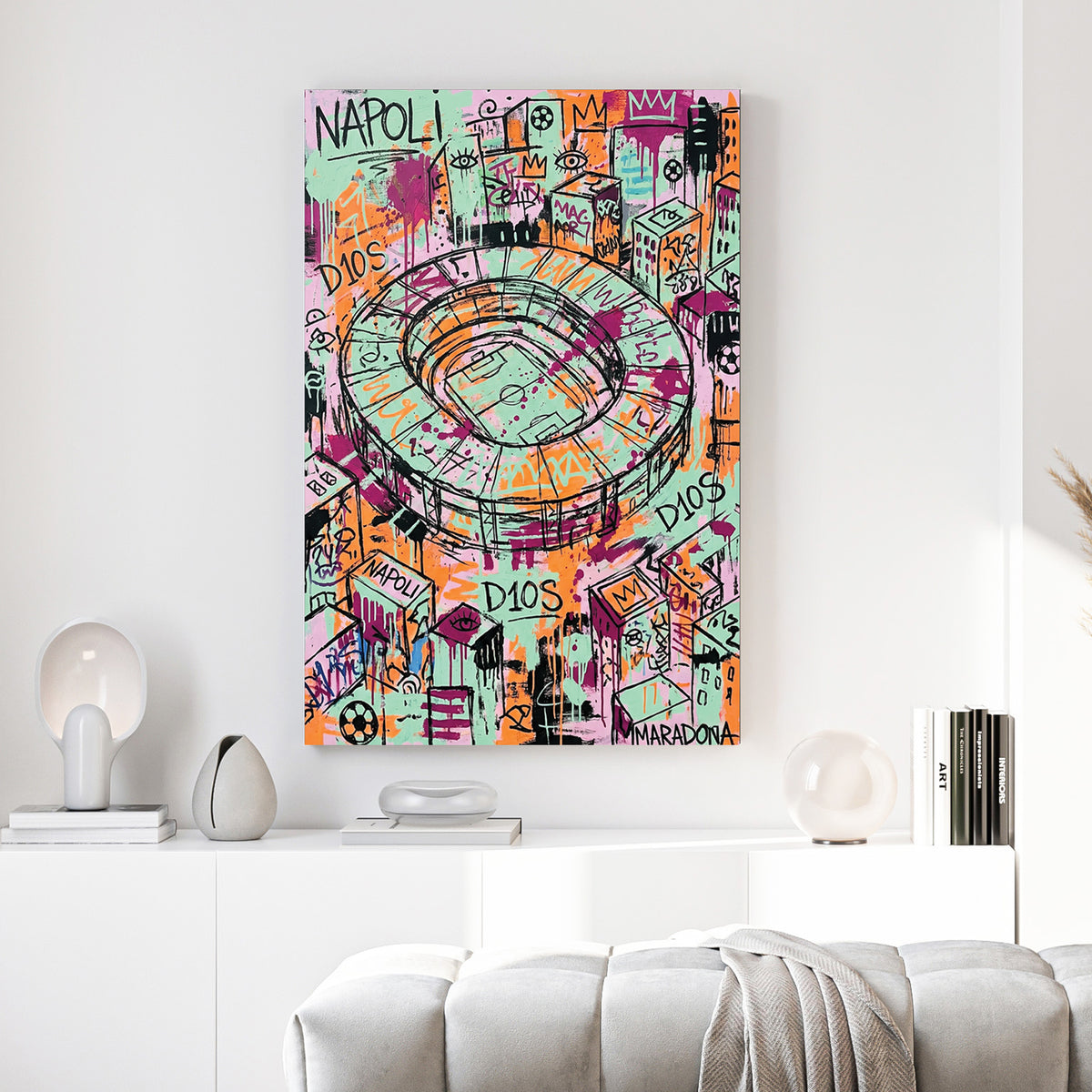 Napoli Stadium Maradona D10S Graffiti canvas wall art print above a sofa in a contemporary living room