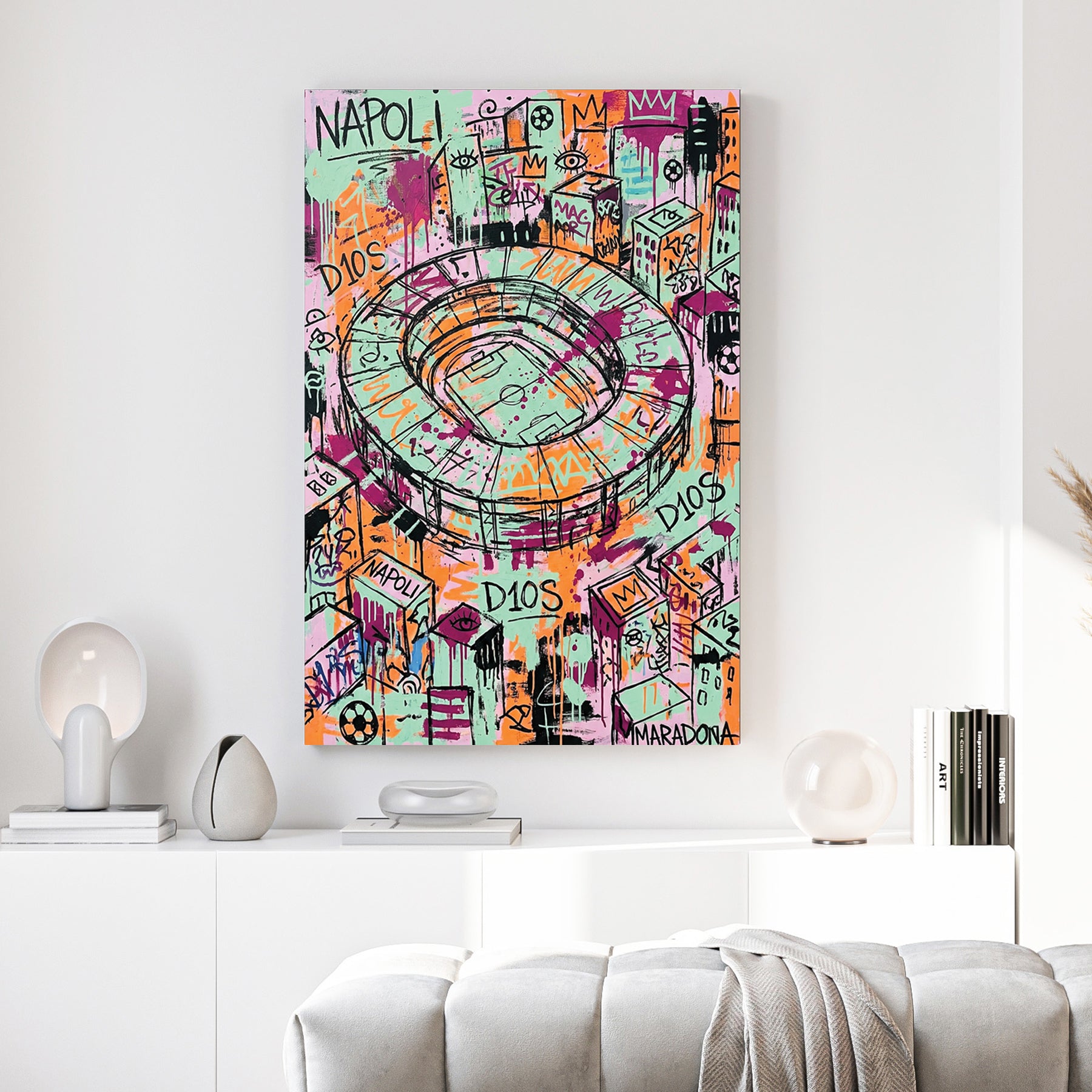 Napoli Stadium Maradona D10S Graffiti canvas wall art print above a sofa in a contemporary living room