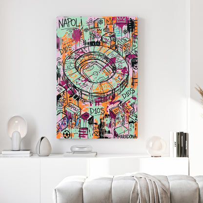 Napoli Stadium Maradona D10S Graffiti canvas wall art print above a sofa in a contemporary living room