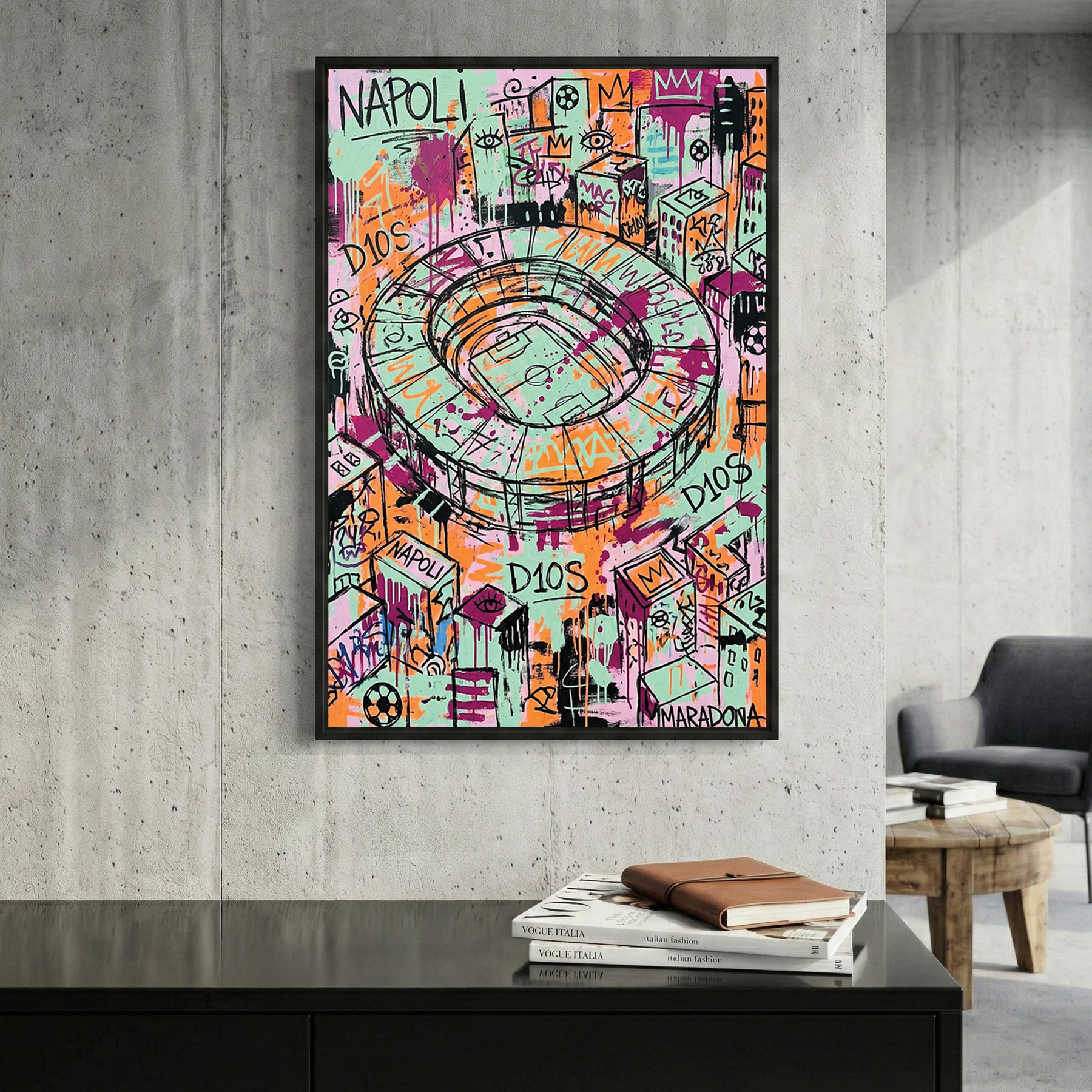 Napoli Stadium Maradona D10S Graffiti framed canvas wall art print in a gallery-style display