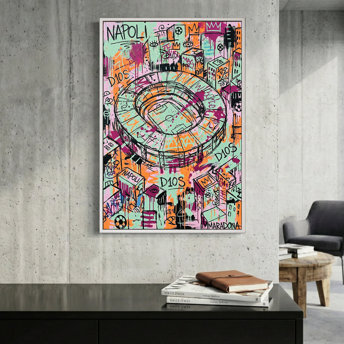 Napoli Stadium Maradona D10S Graffiti canvas wall art print displayed in a styled living room