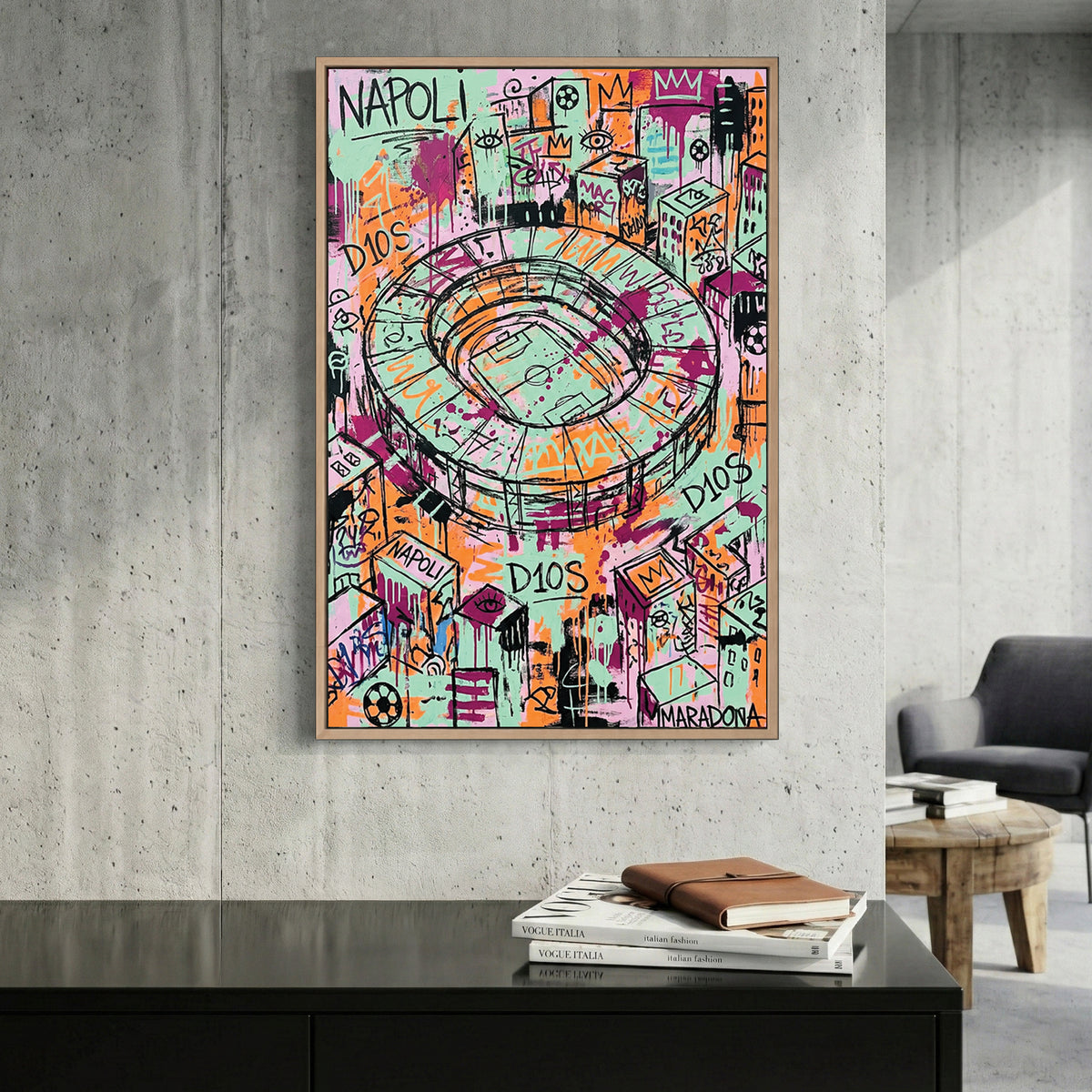 Napoli Stadium Maradona D10S Graffiti canvas wall art print displayed in a styled living room