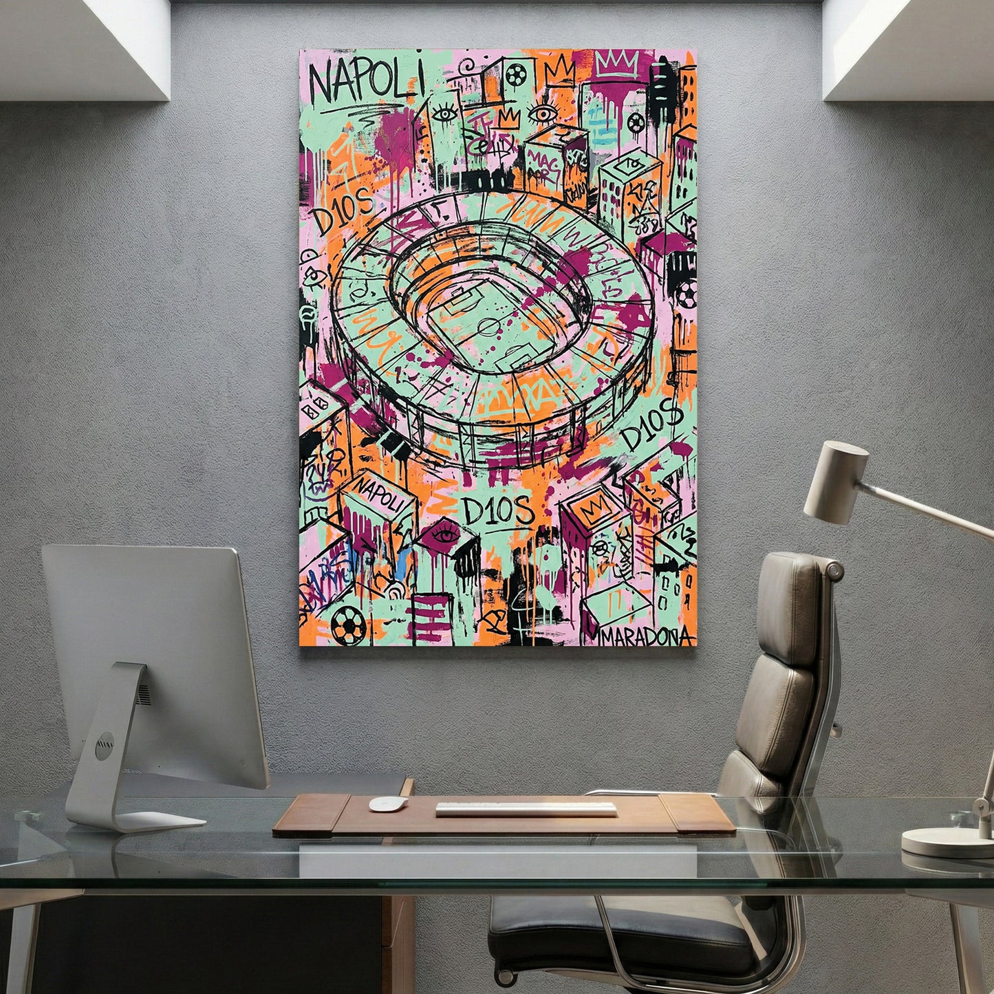 Napoli Stadium Maradona D10S Graffiti canvas wall art print displayed in a styled living room