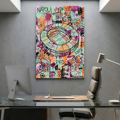 Napoli Stadium Maradona D10S Graffiti canvas wall art print displayed in a styled living room