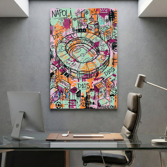 Napoli Stadium Maradona D10S Graffiti canvas wall art print displayed in a styled living room