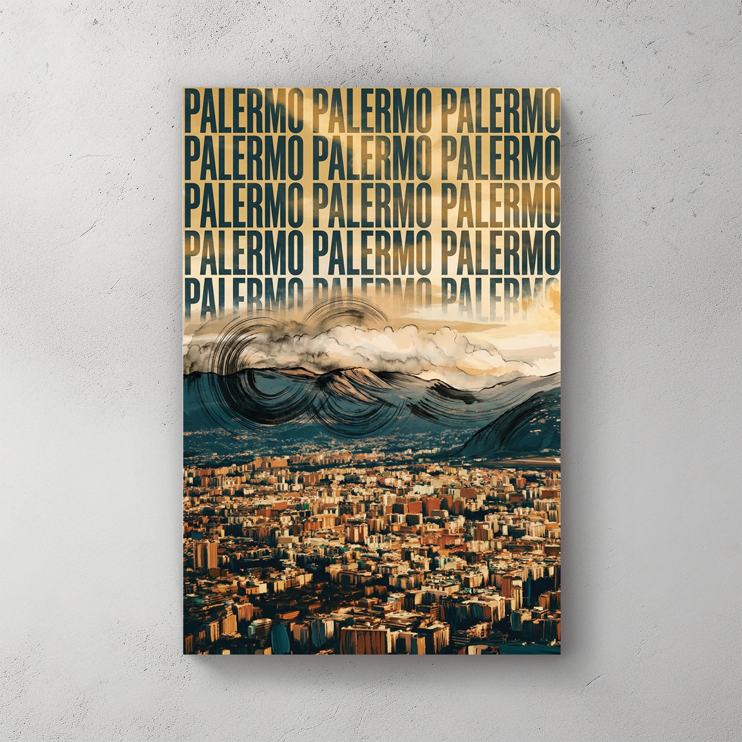 Palermo cityscape aerial; repeated "PALERMO" text; ochre and teal palette; mountains beyond — canvas wall art print