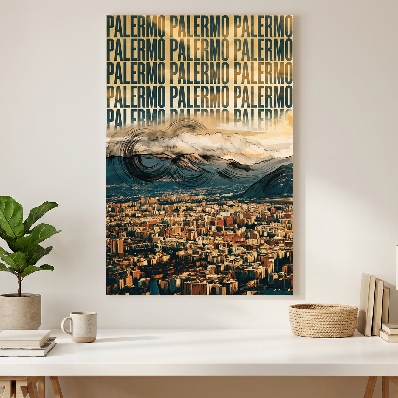 Palermo Italy Cityscape canvas wall art print styled in a modern interior
