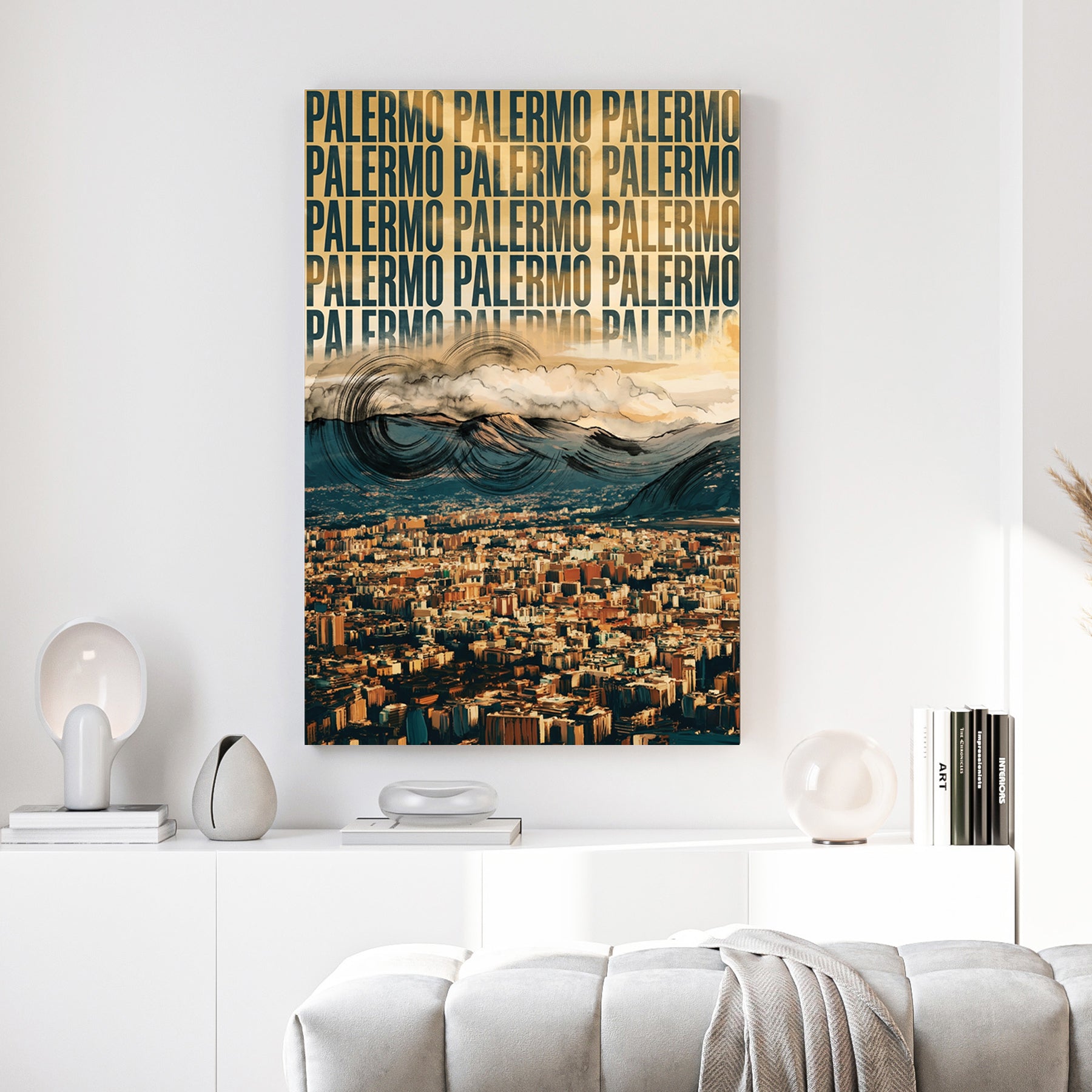 Palermo Italy Cityscape canvas wall art print above a sofa in a contemporary living room