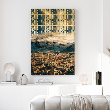 Palermo Italy Cityscape canvas wall art print above a sofa in a contemporary living room