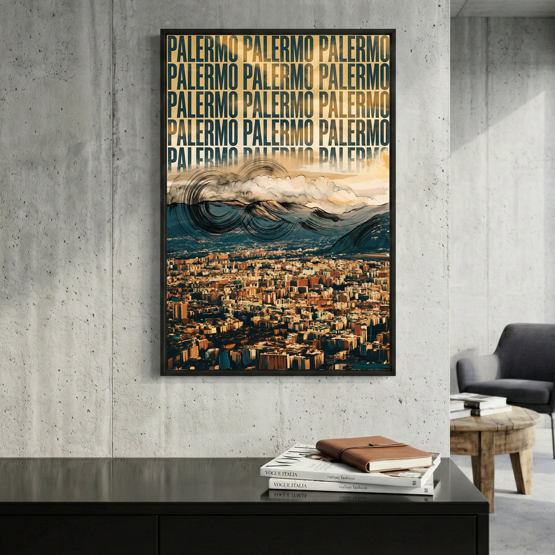 Palermo Italy Cityscape framed canvas wall art print in a gallery-style display