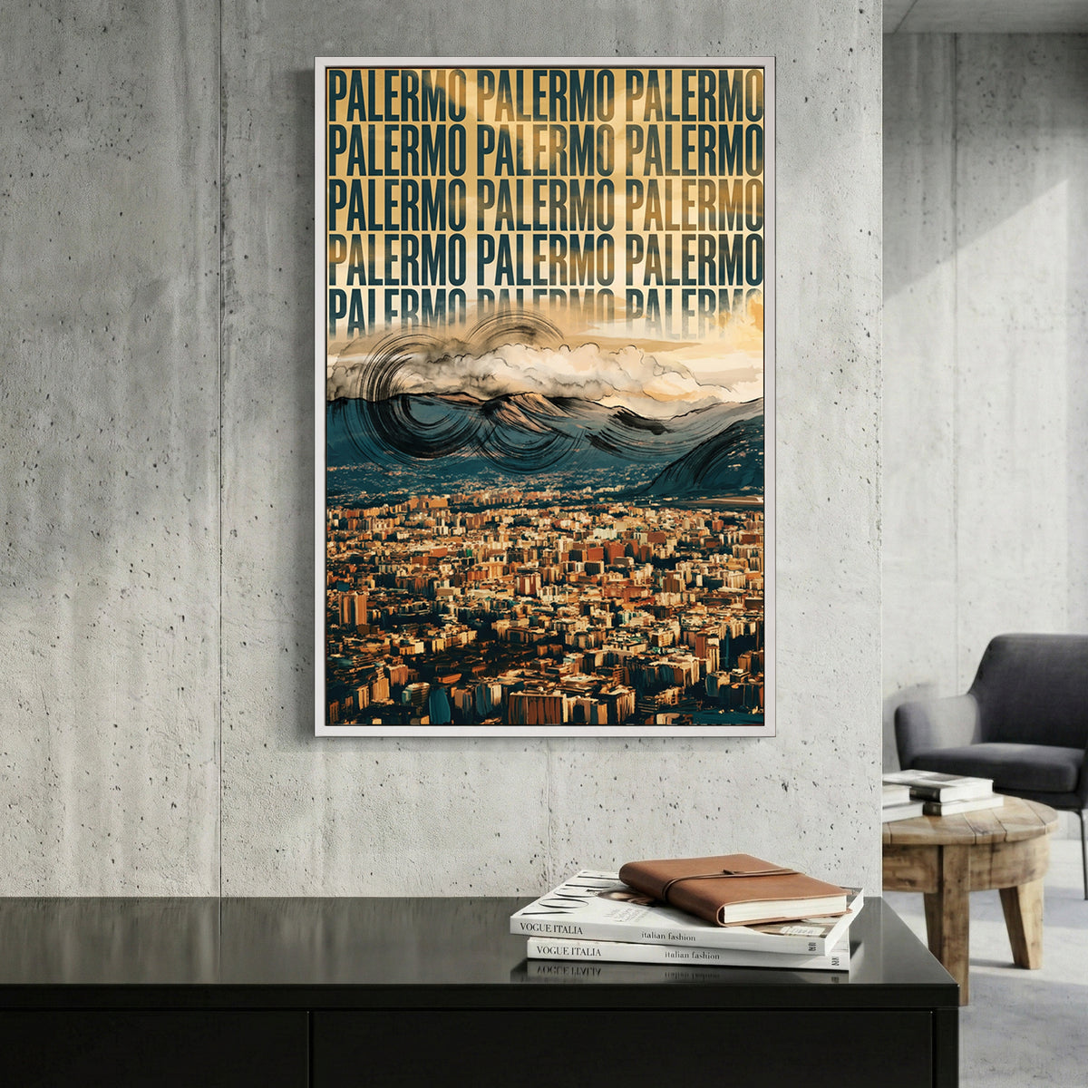 Palermo Italy Cityscape canvas wall art print displayed in a styled living room