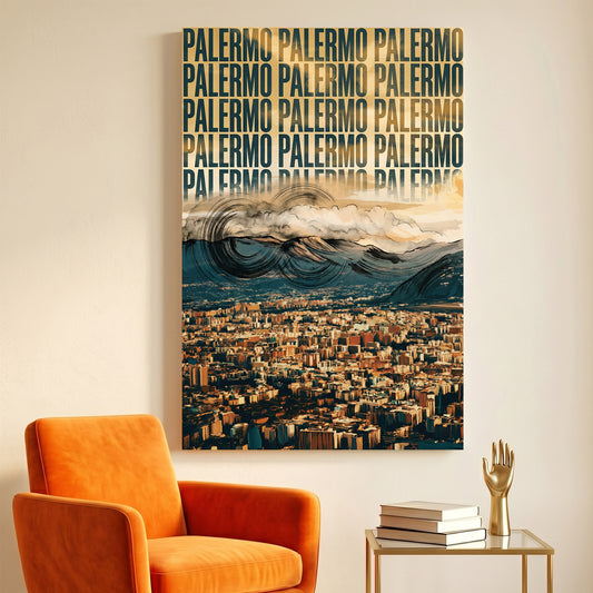 Palermo Italy Cityscape canvas wall art print displayed in a styled living room