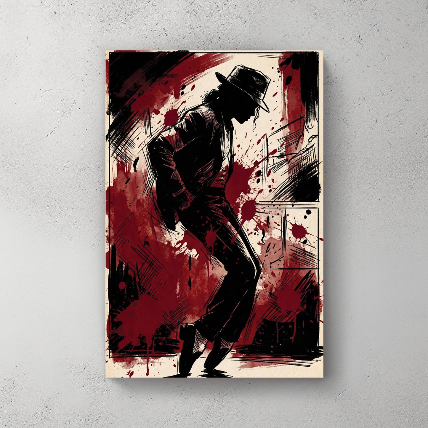 Michael Jackson silhouette in iconic pose, red and black painted background, signature at bottom, dramatic — canvas wall art print