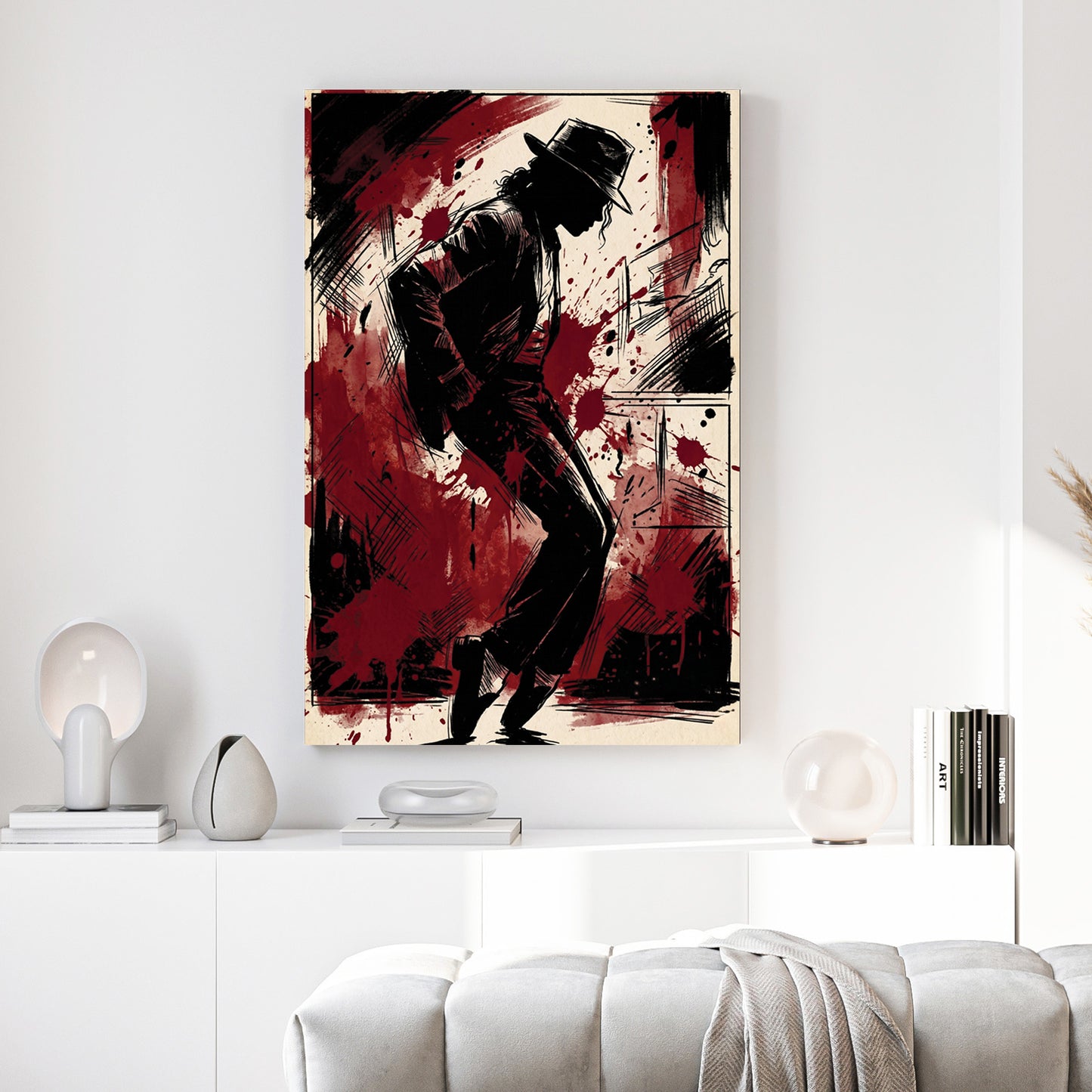 Michael Jackson Silhouette Pop Art canvas wall art print above a sofa in a contemporary living room
