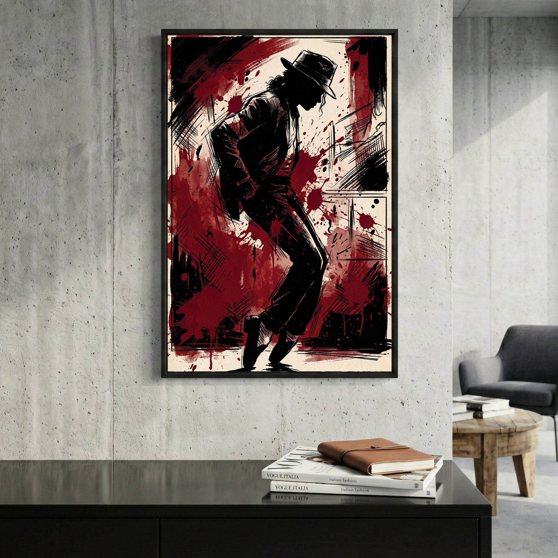 Michael Jackson Silhouette Pop Art framed canvas wall art print in a gallery-style display