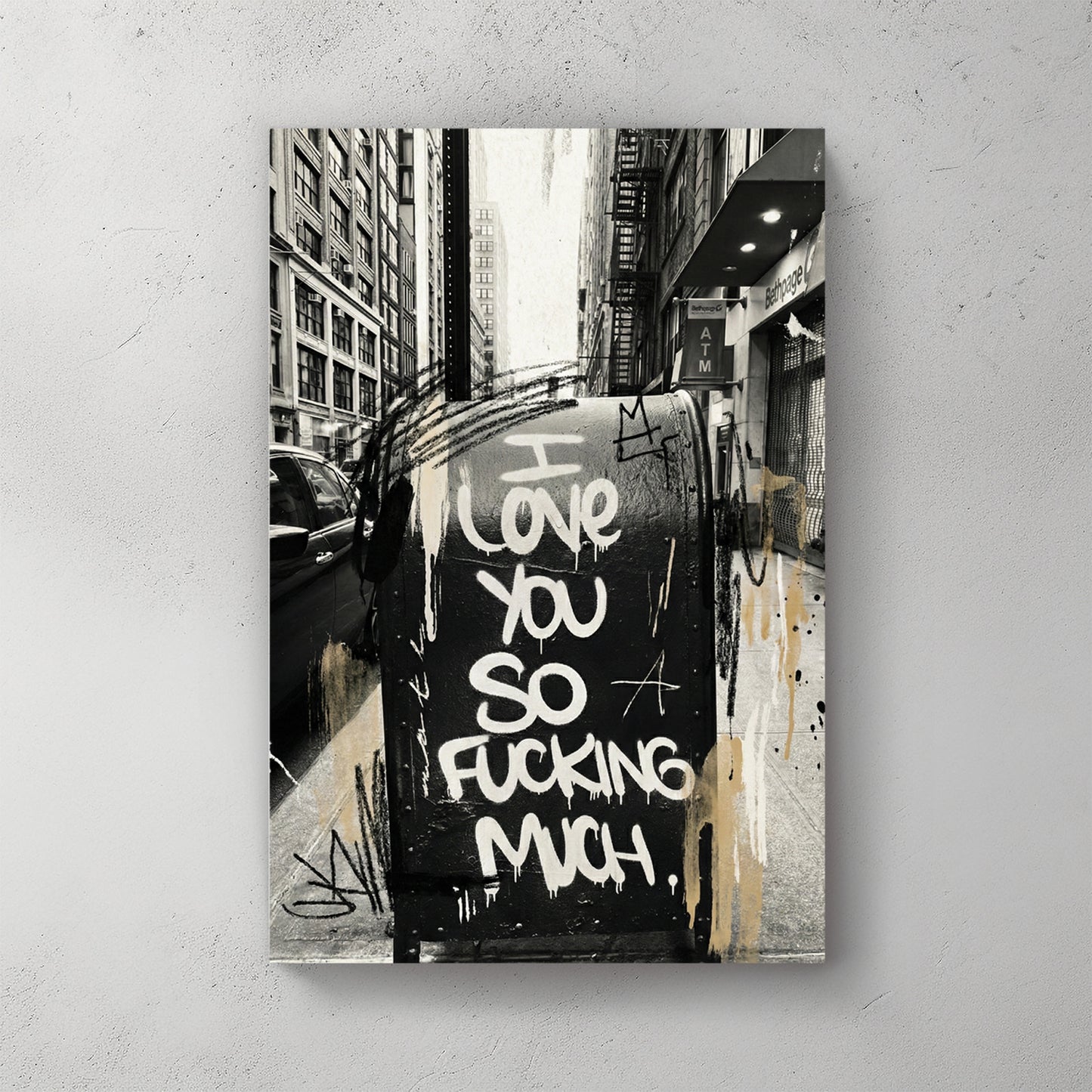 NYC street with garbage bin, white graffiti I love you so fucking much on black bin, fire escapes, parked car, monochrome with gold splashes — canvas wall art print
