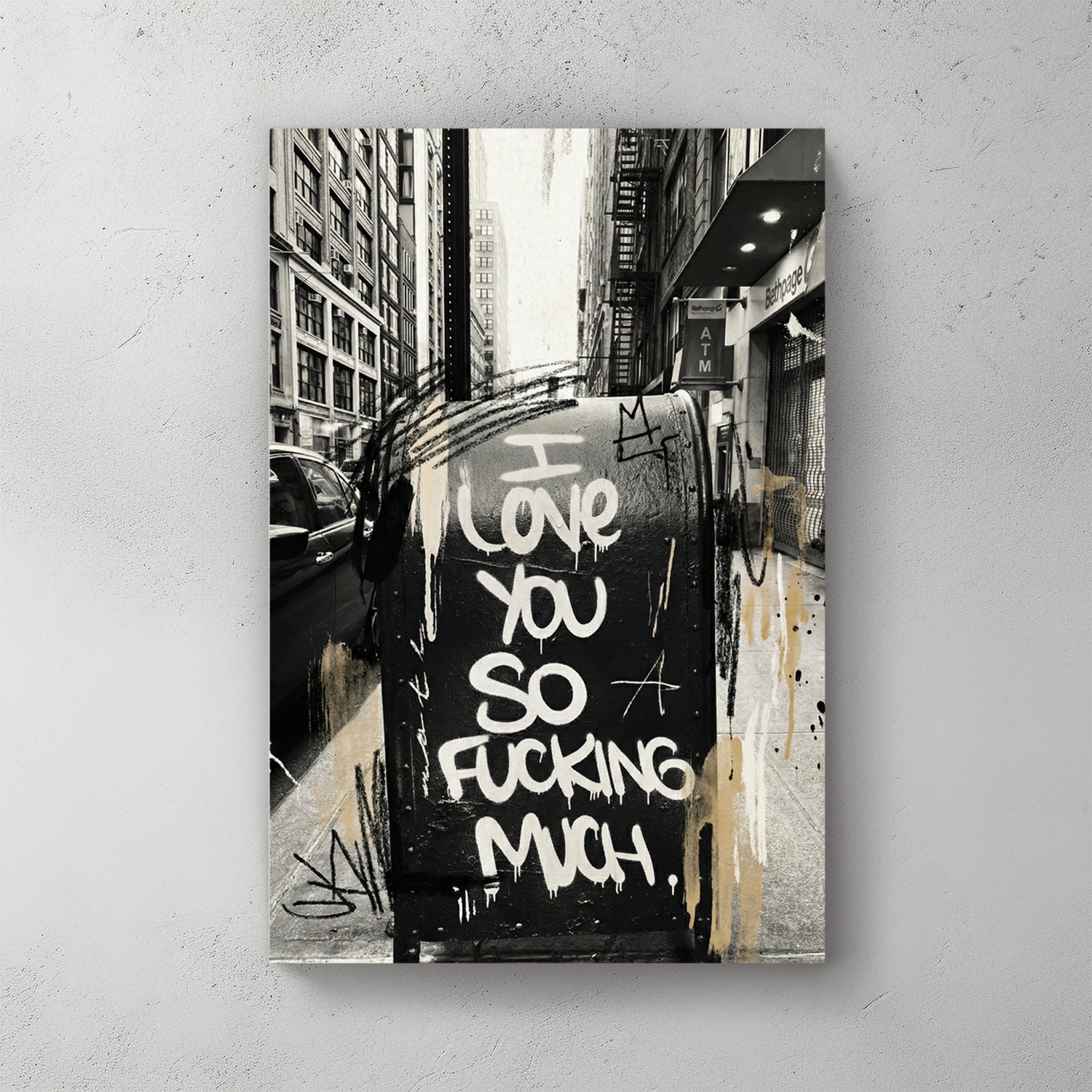 NYC street with garbage bin, white graffiti I love you so fucking much on black bin, fire escapes, parked car, monochrome with gold splashes — canvas wall art print
