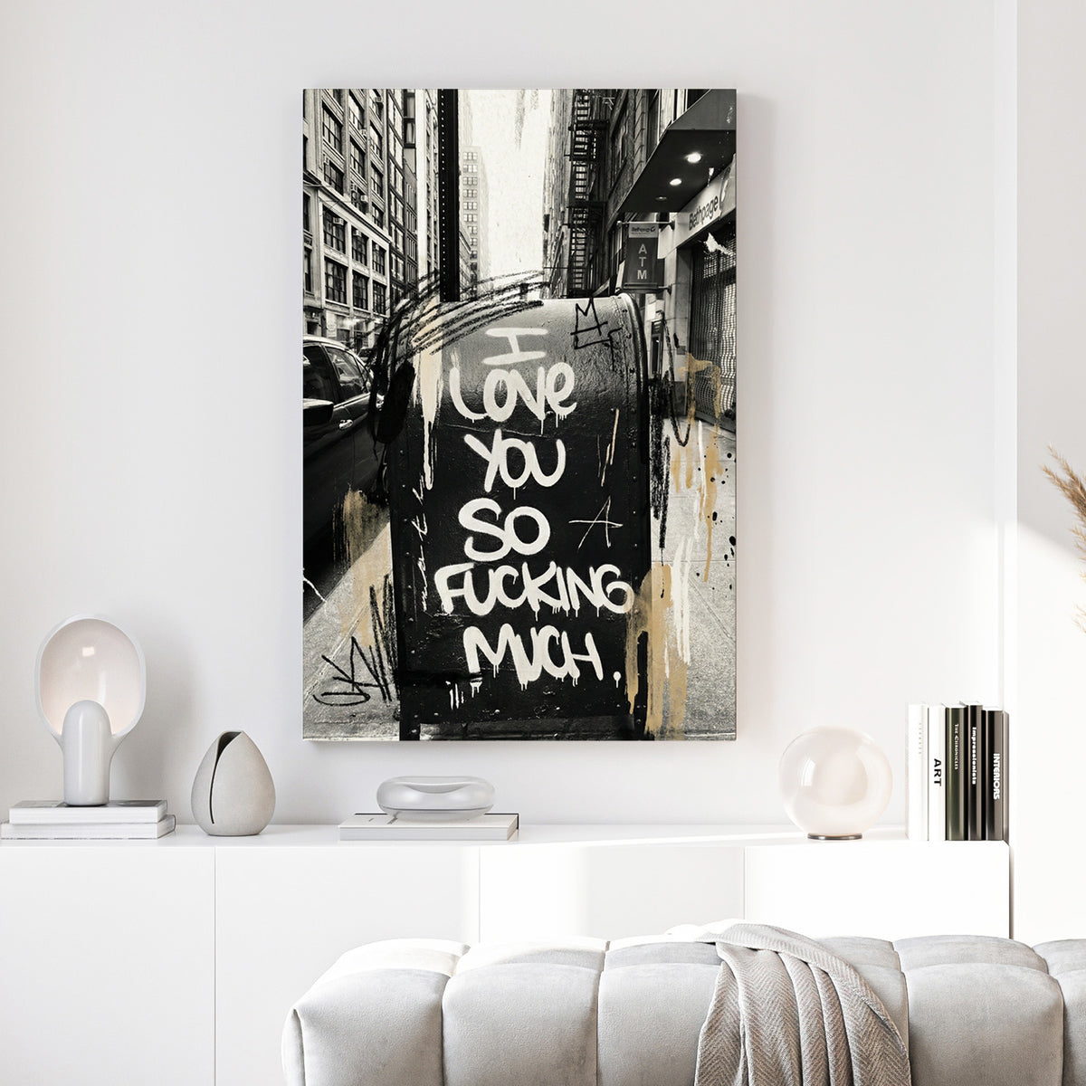New York Street Love Graffiti canvas wall art print above a sofa in a contemporary living room