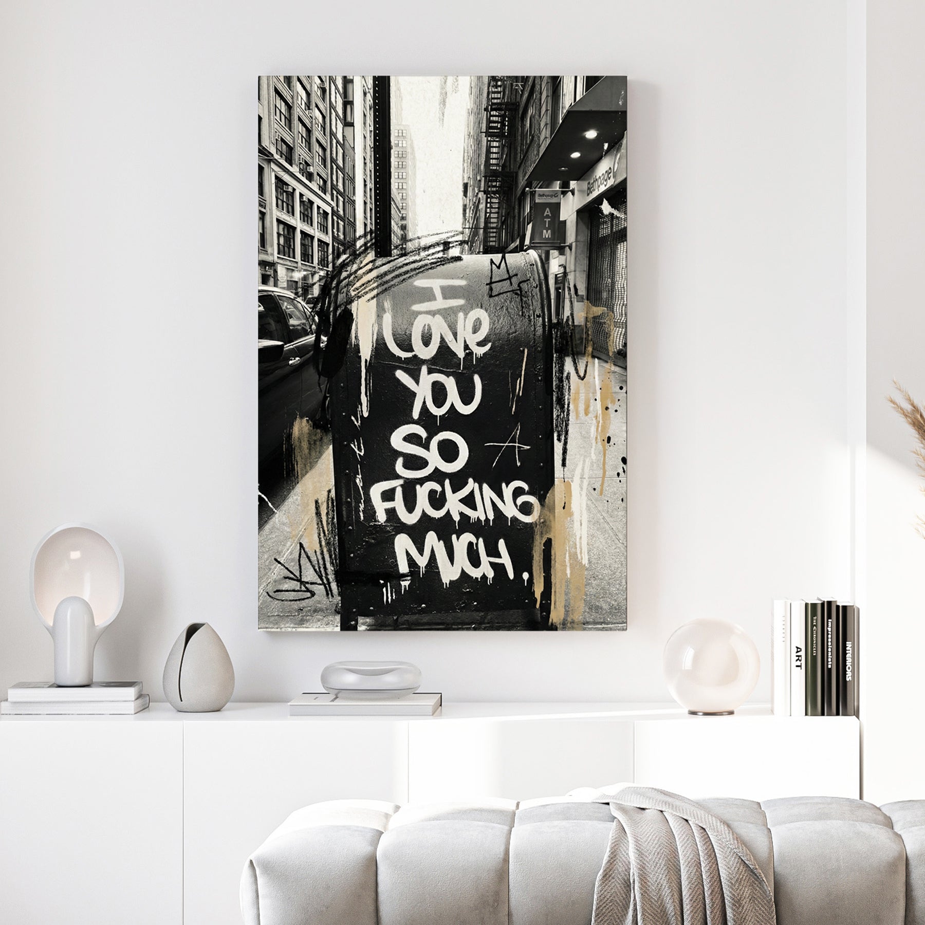 New York Street Love Graffiti canvas wall art print above a sofa in a contemporary living room