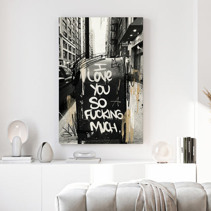 New York Street Love Graffiti canvas wall art print above a sofa in a contemporary living room