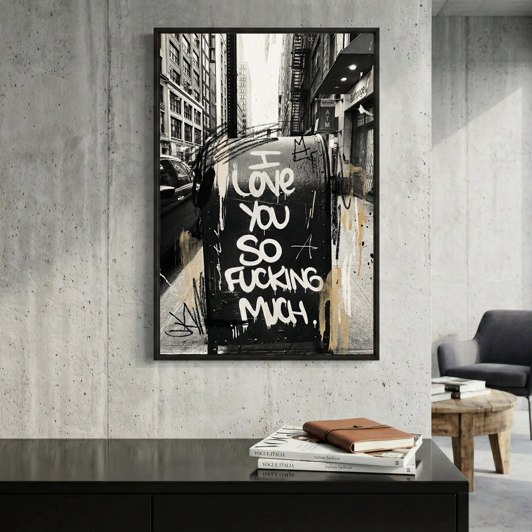 New York Street Love Graffiti framed canvas wall art print in a gallery-style display