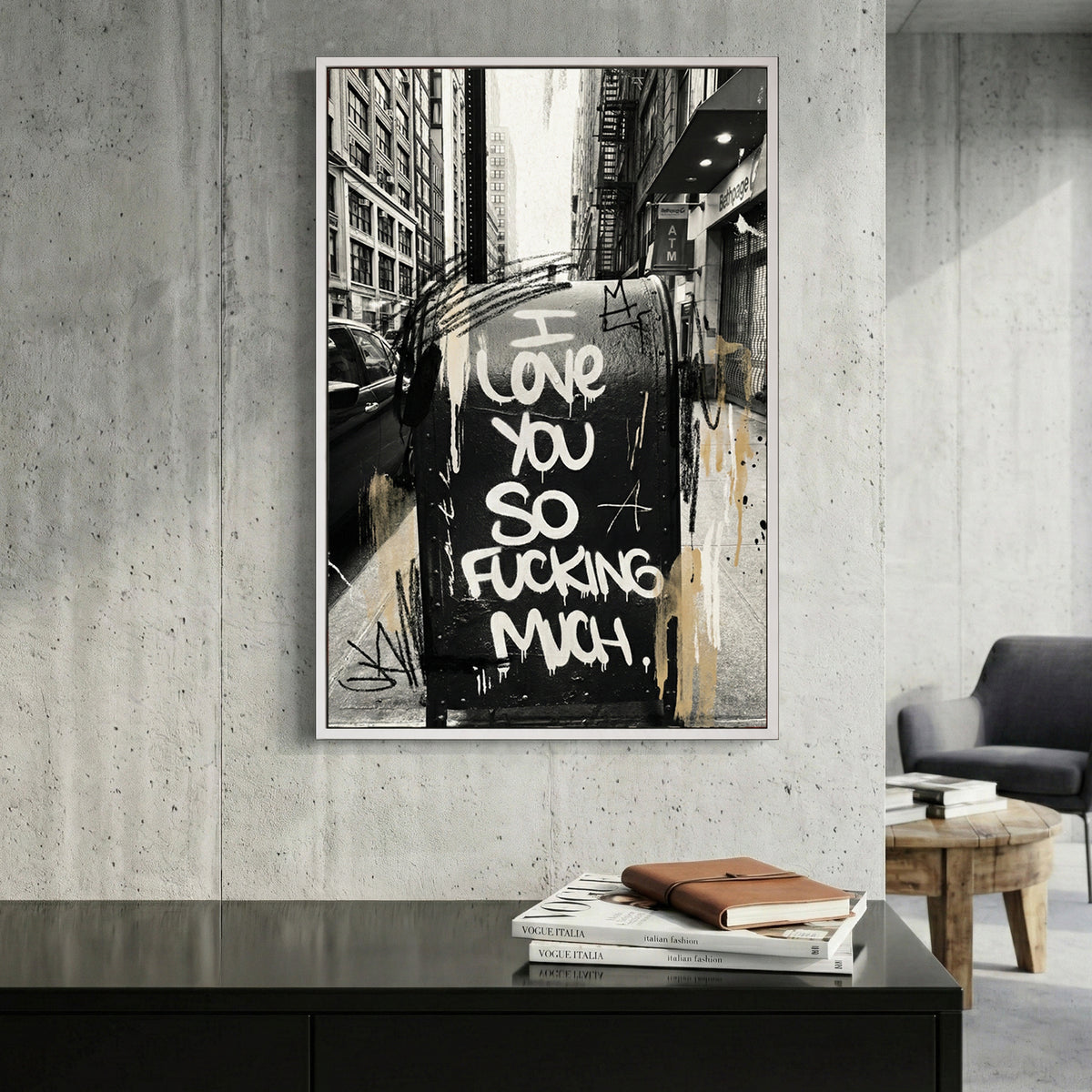 New York Street Love Graffiti canvas wall art print displayed in a styled living room