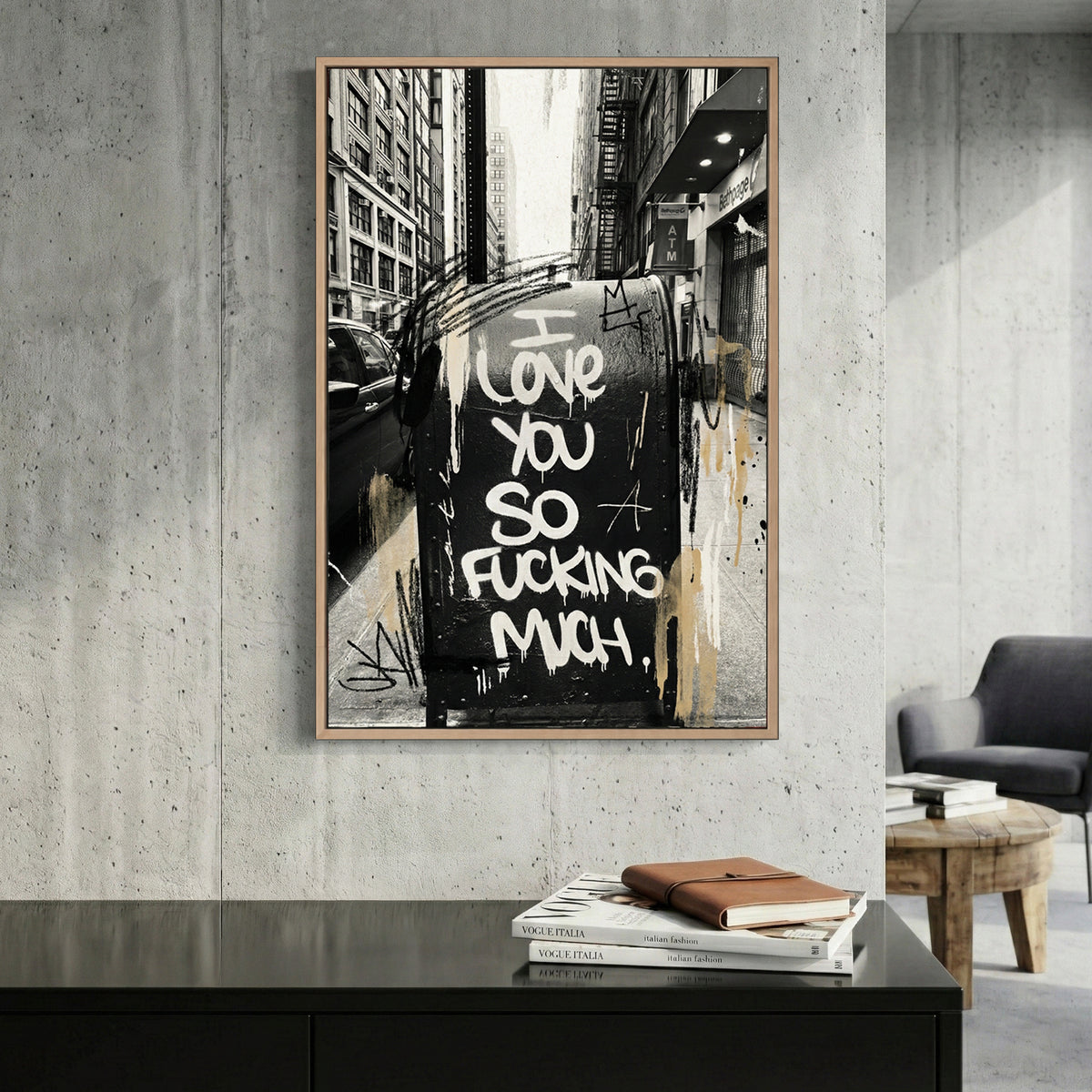 New York Street Love Graffiti canvas wall art print displayed in a styled living room