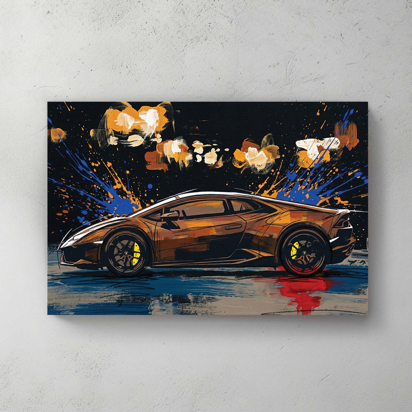 Black/bronze Lamborghini Huracan side profile, yellow brake calipers, blue and orange paint splatter background, dark setting with light bokeh — canvas wall art print